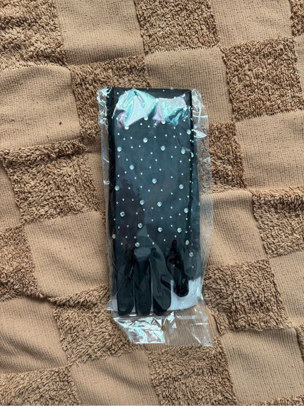 long rhinestone black mesh finger gloves